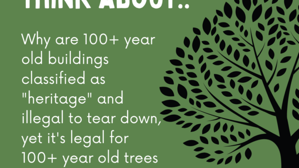 Something to think about.. Why are 100+ year old buildings classified as "heritage" and illegal to tear down, yet it's legal for 100+ year old trees to be cut down everyday?