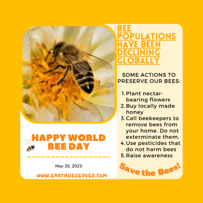 Happy World Bee Day. Bee populations have been declining globally. Some actions to preserve our bees, 1. plant nectar-bearing flowers, 2. buy locally made honey, 3. call beekeepers to remove bees from your home, do not exterminate them, 4. use pesticides that do not harm bees, 5. raise awareness.