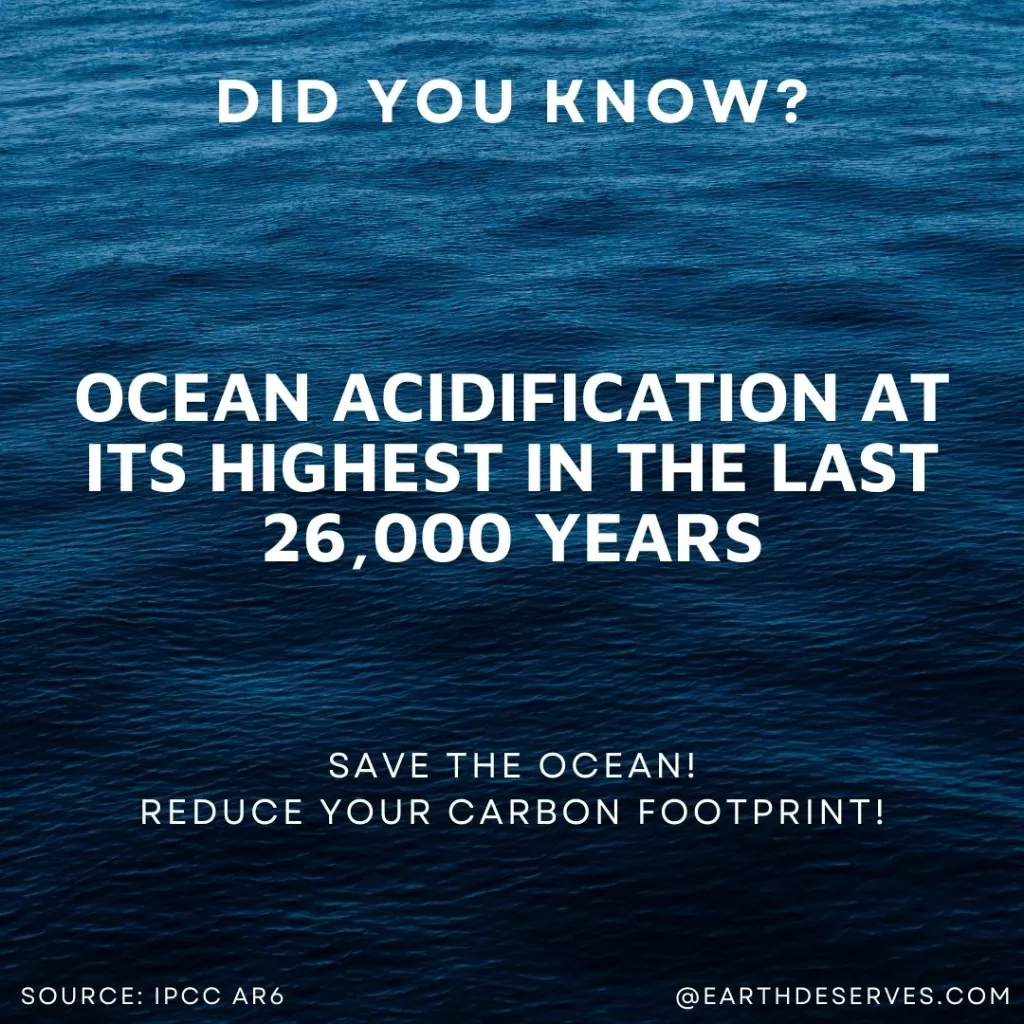 Did you know? Ocean acidification at its highest in the last 26,000 years. Save the ocean, reduce your carbon footprint. Source: IPCC AR46