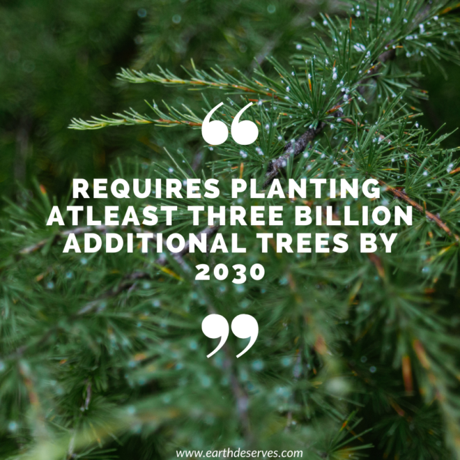 Requires planting at least three billion additional trees by 2030